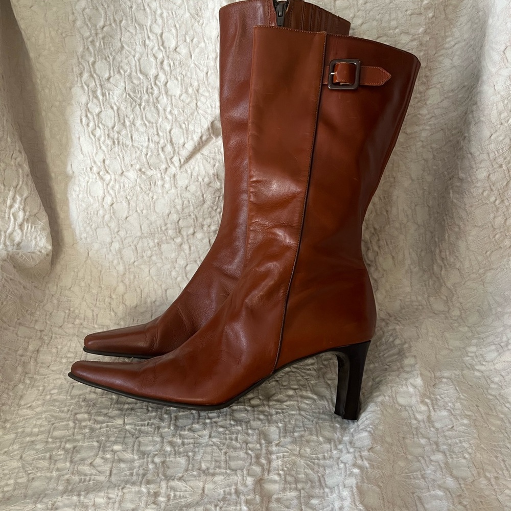 Amalfi Brown Heeled Boots with Mid-Calf Length and Pointed Toe